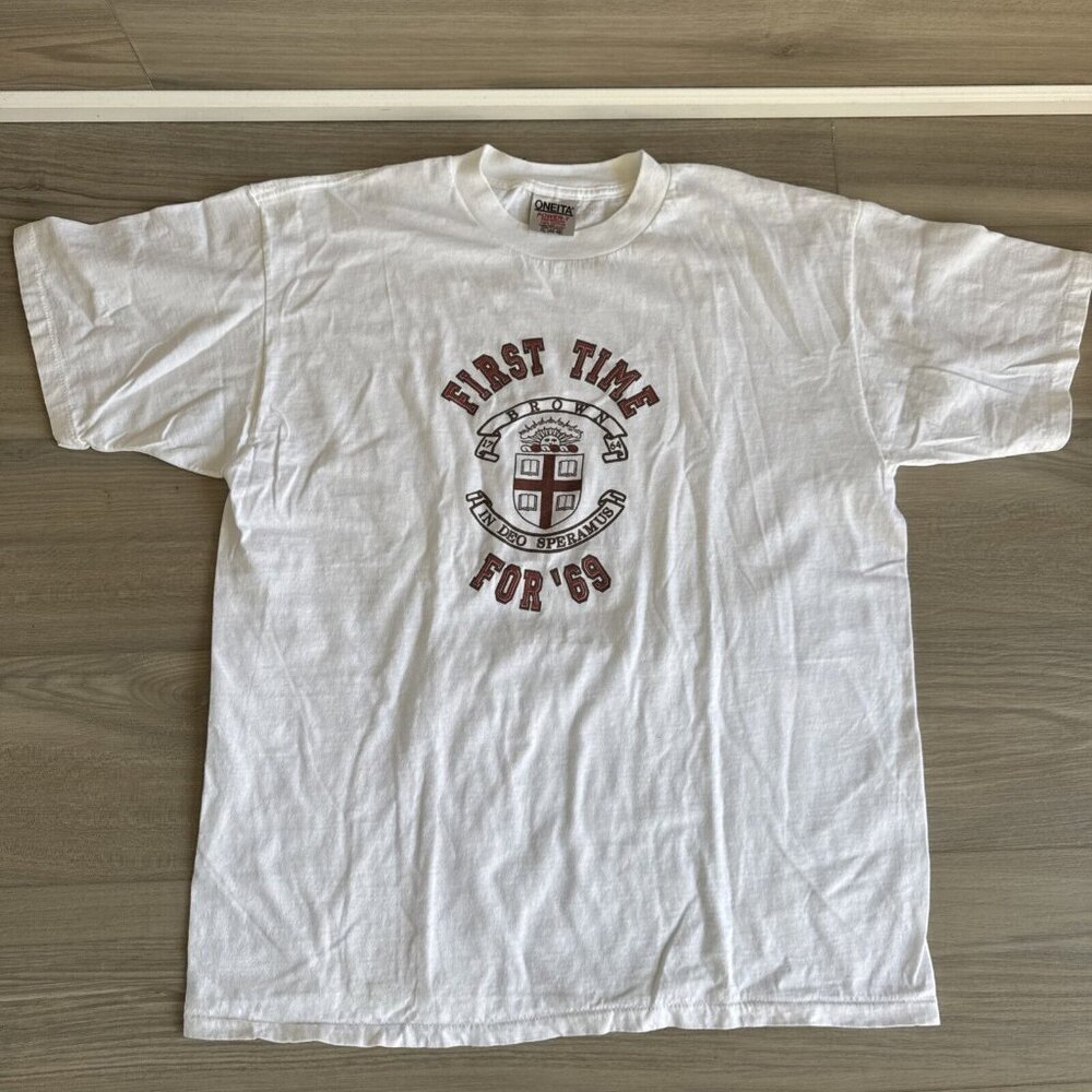 Vintage‎ Oneita Brown University In Deo Speramus First Time For 69 Shirt USA XL